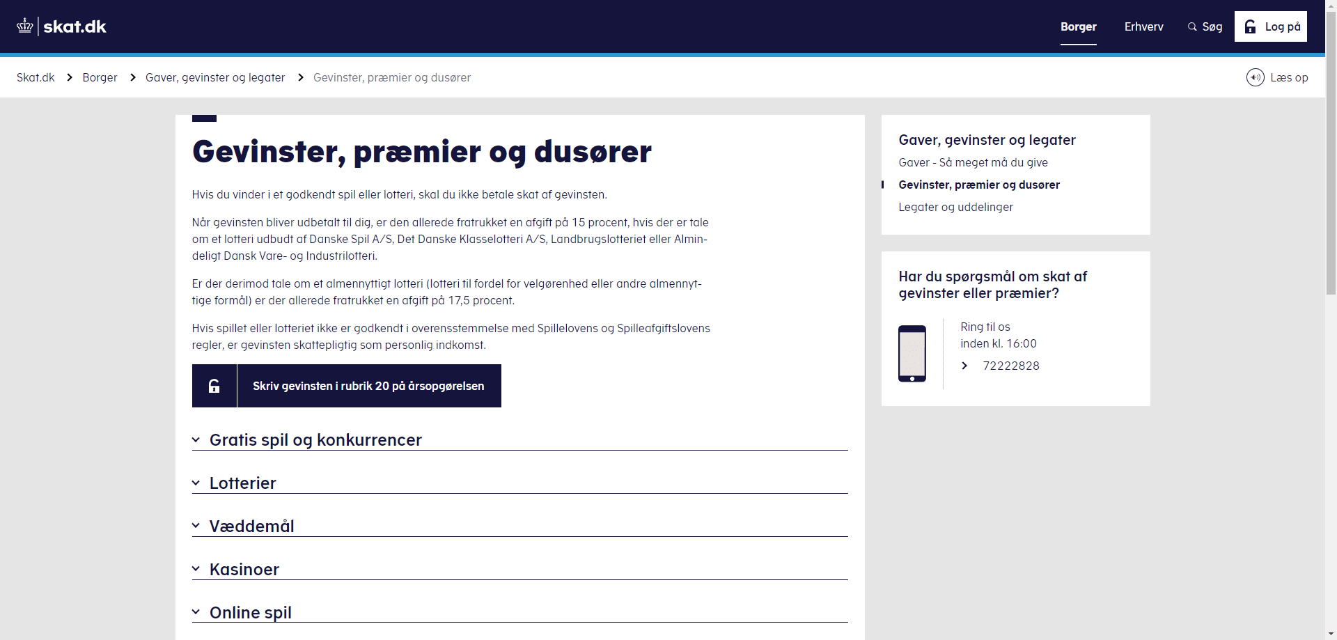 Screenshot af skat.dk sektion om 'Gevinster, præmier og dusører' med information om beskatning af gevinst fra godkendte spil og lotterier i Danmark