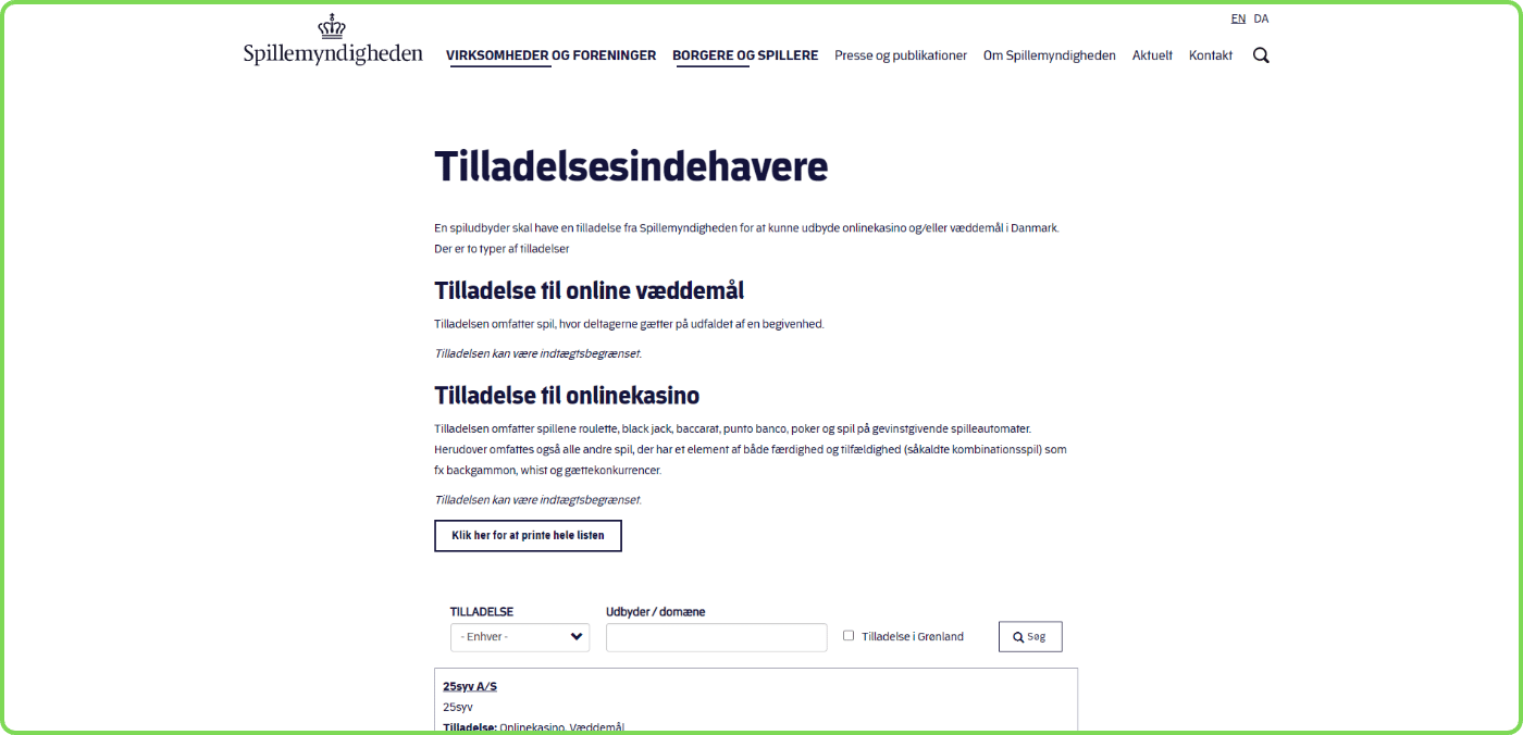 Tilladelsesindehavere, Tilladelse til online væddemål, Tilladelse til onlinekasino , 