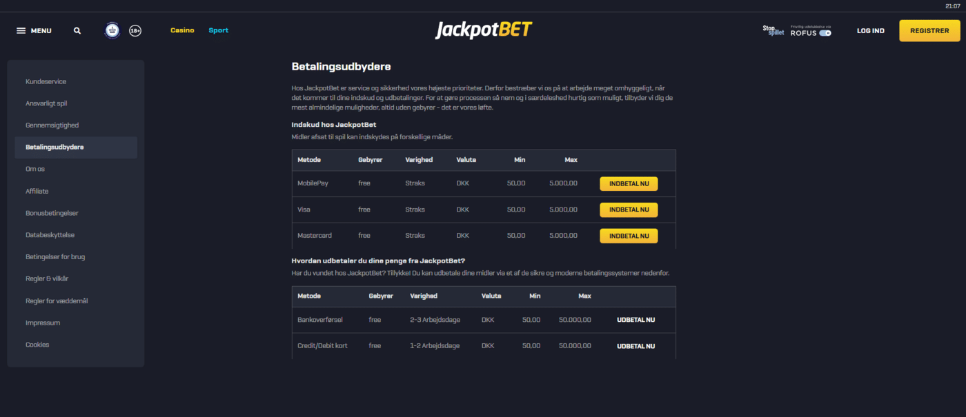 Jackpotbet betalingsmetoder