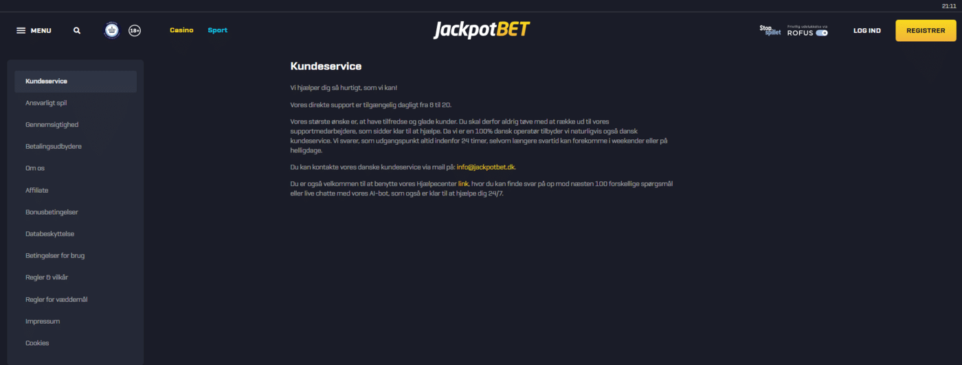 Jackpotbet kundeservice