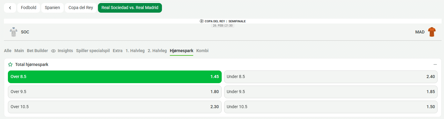 Over 9.5 hjørnespark Real Sociedad - Real Madrid